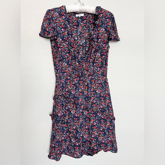 Parker Silk Red and Blue Floral Ditzy Mini Dress Wrap Front Ruffle Size Medium - Picture 1 of 11